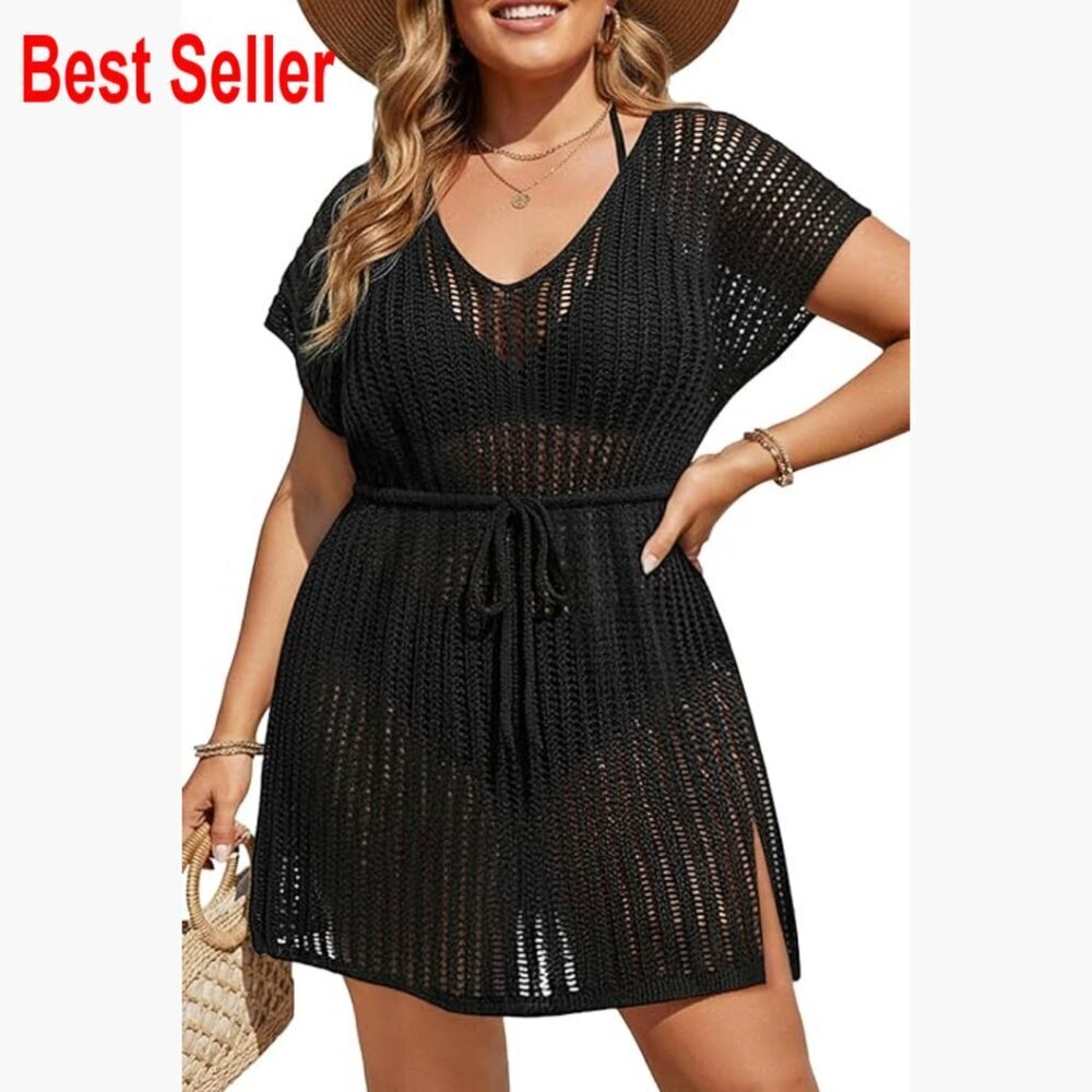 Crochet Beach Romper Cover Up V Neck Short Sleeve Swimwear